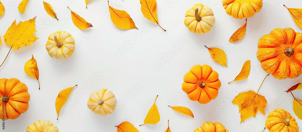 Poster creative autumn-themed layout with small pumpkins and yellow leaves on a white background, top view 