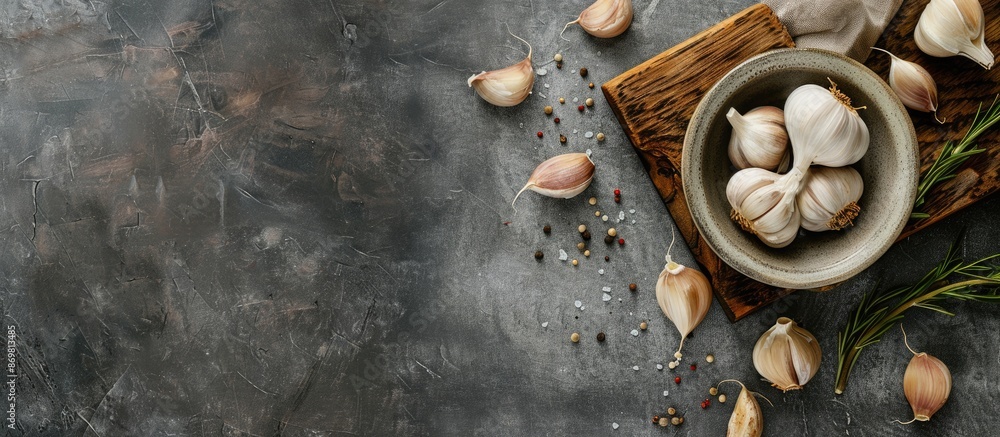 Aufkleber garlic bulb and clove in a ceramic bowl on a chopping block against a vintage grey backdrop, with sp