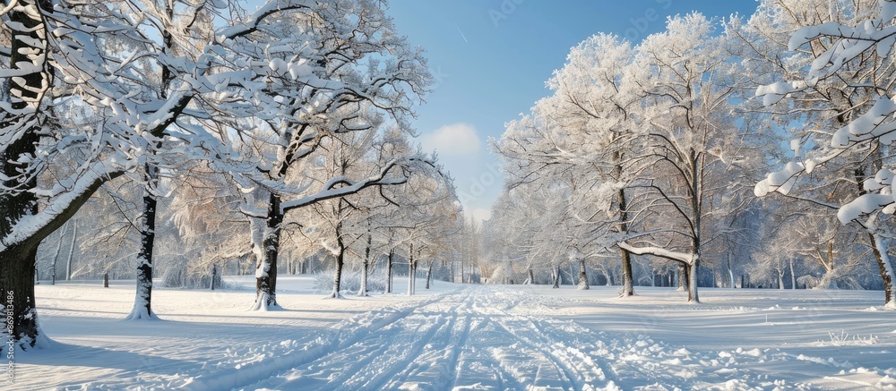 Poster Clear winter day in the park with snow-covered trees, ideal for a copy space image.