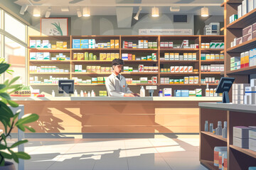 Obraz premium Cutting-edge Pharmacy Stocked Shelves of Modern Medications Vitamins and Supplements with Pharmacist at Checkout Counter