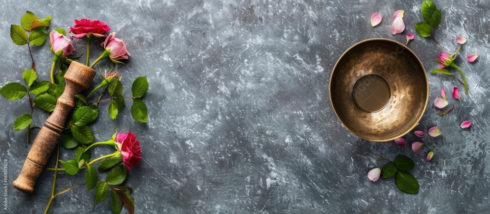 Poster above view of a tibetan singing bowl placed on a gray table with water, lovely rose flowers, and a m