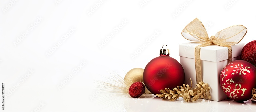 Aufkleber a festive christmas gift box and ornaments displayed on a white backdrop with a greeting card, provi