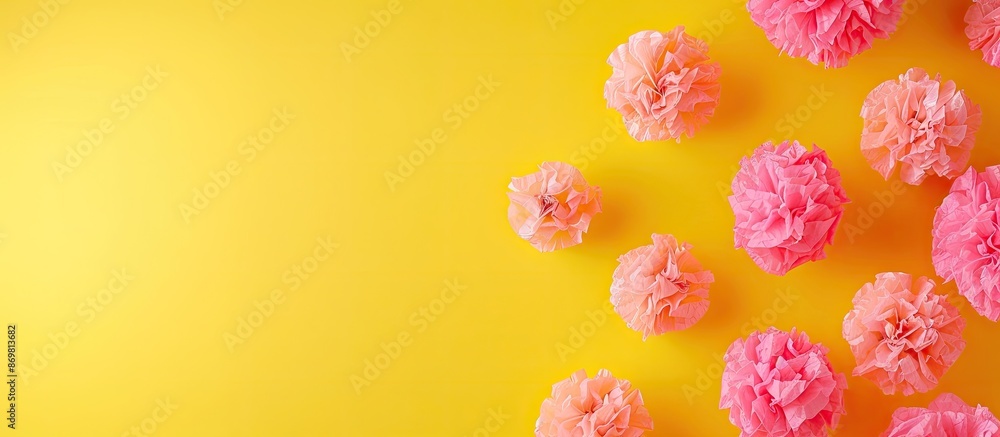 Aufkleber yellow background with a banner outlined by pink tissue paper balls, featuring copy space image for 
