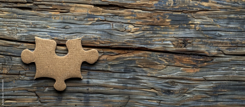 Aufkleber weathered grunge textured wood background with a brown blank cardboard puzzle piece for a mock-up wi