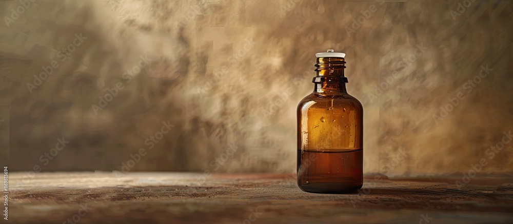 Poster close-up capture of a glass bottle with essential oil on a dark beige backdrop, offering a blank spa