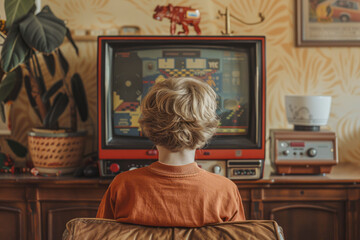 Retro Gaming Fun Kid Reliving Childhood Memories with Classic Arcade Game on Vintage TV in Nostalgic Room Setting