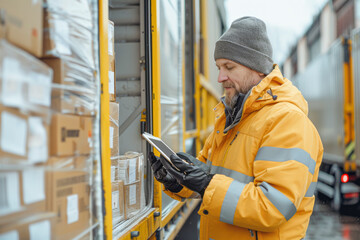 Fototapeta premium Efficient Loading Operations at Distribution Center Manager Oversees Workers Loading Delivery Truck with E-Commerce Goods