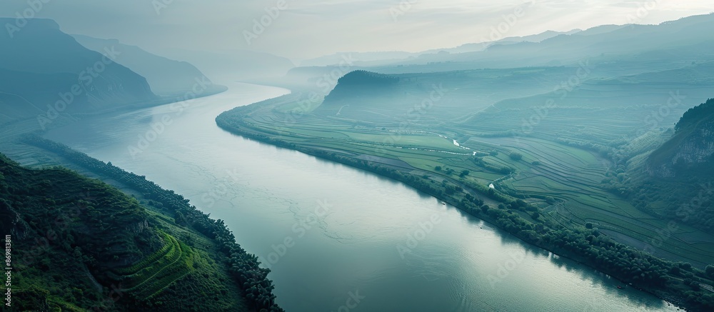 Aufkleber A river meandering with a scenic view on one side and a vast and appealing blank space to be used for display or advertisement on the other side.