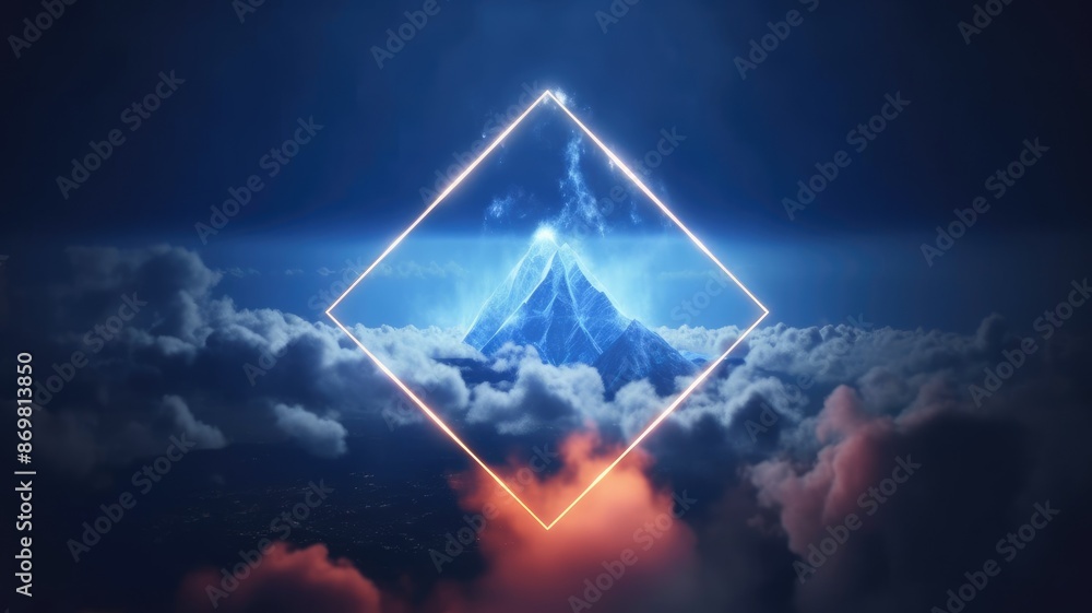 Poster abstract picture of geometric shape portal or frame with colorful light set against in dark blue ton