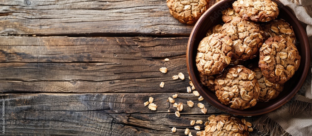 Poster oat cookies displayed elegantly on a rustic wooden table with a beautifully arranged copy space imag