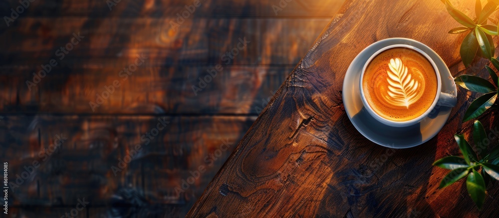 Poster enjoy a freshly brewed coffee with lovely latte art on a wooden table in a cafe setting, perfect for