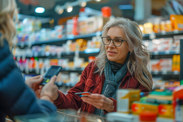 Senior Woman Pays for Prescription Medication with Contactless Card at Pharmacy Checkout Guided by Female Pharmacist