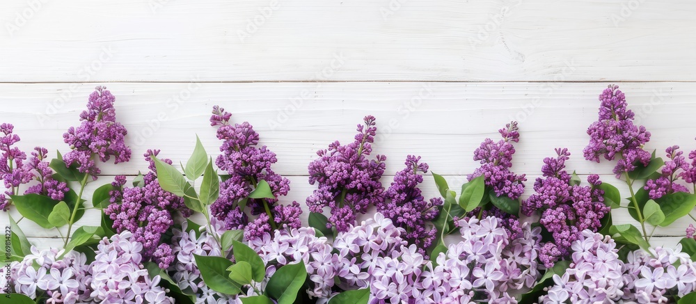 Poster Top view floral arrangement with lilac flowers on white wooden backdrop creating space for additional content in the image.