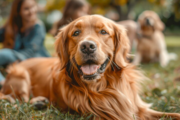 Joyful Family Portrait with Kids Dog and Smiling Parents in a Home Setting Golden Retriever Walking Away Focus on Happiness and Togetherness