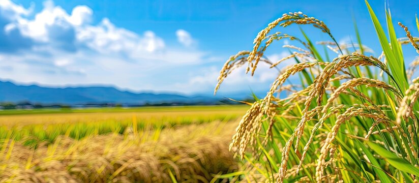 Copy space image of Japanese rice fields pre-harvest with a backdrop of a clear blue summer sky and ripe rice ears.