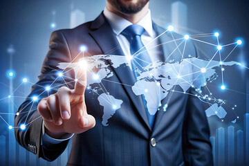 Business man touch global data network and analysis customer growth graph