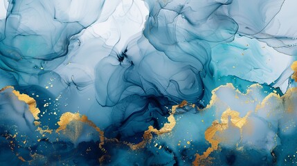 A close-up of a blue and gold abstract ink painting. The colors swirl and blend, creating a sense of movement and energy