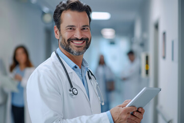 Latin Doctor in Hospital Corridor Smiling Surgeon with Tablet Preparing for Surgery Reviewing MRI Images Greeting Colleagues