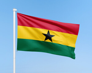 Ghana flag on stick on sky background. Realistic flag illustration