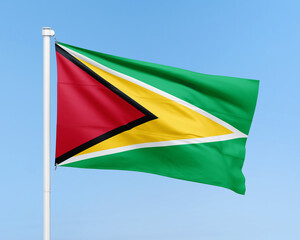 Guyana flag on stick on sky background. Realistic flag illustration