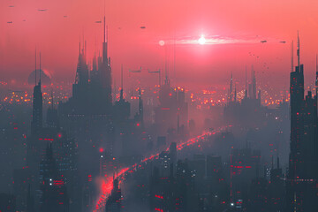 Obraz premium Neon Nights Futuristic Cityscape Silhouette in Cyberpunk Style