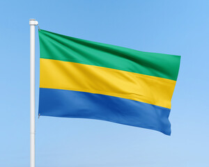Gabon flag on stick on sky background. Realistic flag illustration