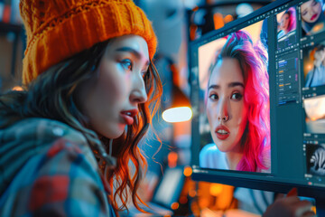 Creative Female Art Director Collaborates with Designer on Portrait in Photo Editing Software in Stylish Loft Office They exude Coolness and Creativity