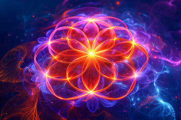 Fototapeta premium Neon Psychedelic Surrealism Sacred Geometry Flower of Life in 3D Fractalized Background