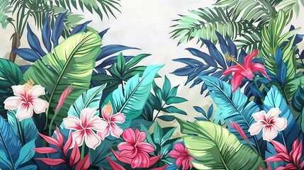   A vibrant painting featuring lush tropical scenery, including blooming flowers and swaying palm leaves set against a serene white backdrop and a captivating blue sky in the back