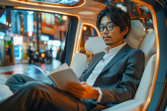Futuristic Vision Dapper Japanese Executive in Spectacles Engrossed in Notebook and AR News in Eco-Friendly Self-Driving Vehicle