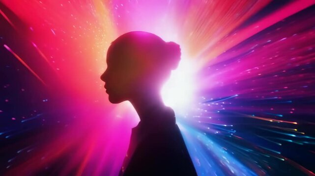 A young woman stands in silhouette against a dynamic background of vivid, colorful light bursts. The lights create an energetic and vibrant atmosphere, capturing a moment of contemplation.