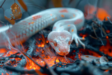 Fototapeta premium Rare Albino Serpent Sipping Scorching Lava A Captivating Image of Nature's Contrasts