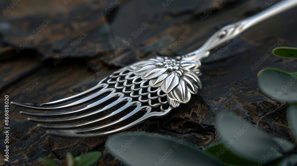 Poster an intricate silver salad fork intricately designed with a combination of geometric and floral patte