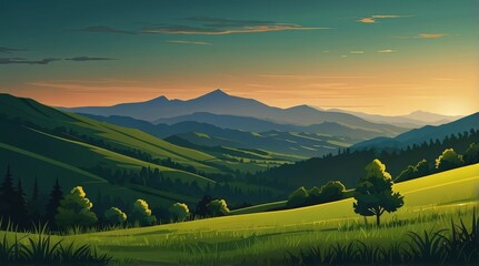 Beautiful green mountain evening landscape Vector flat