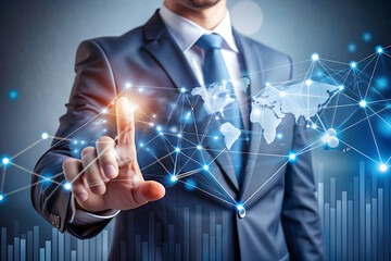 Business man touch global data network and analysis customer growth graph
