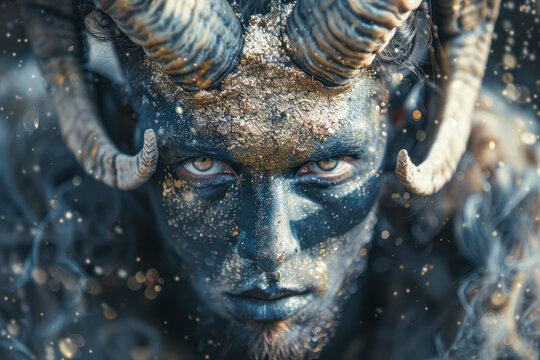 Ethereal Demoness Stunning Studio Portrait of Horned Ram Goddess with Modern Makeup and Gold Glitter Beautifully Hairy Humanoid Fantasy Art