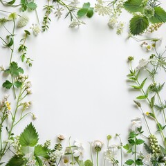 White wildflowers arranged in a frame on a white background