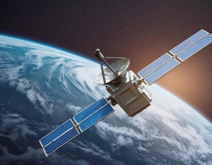 Obraz premium Small satellite in space, set against the backdrop of the Earth. Generated with AI