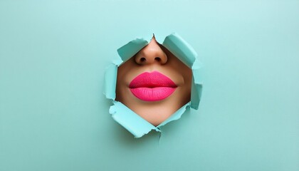  Beautiful plump bright lips of pink color peep into the slit of colored paper, beauty concept 