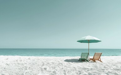 Two Beach Chairs and Umbrella on a Sunny Beach