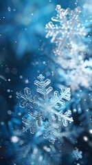 Winter background with snowflake. Christmas floating ice crystals in bright colors. Close-up of landscape with snow and ice.