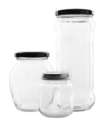 Many empty glass jars isolated on white