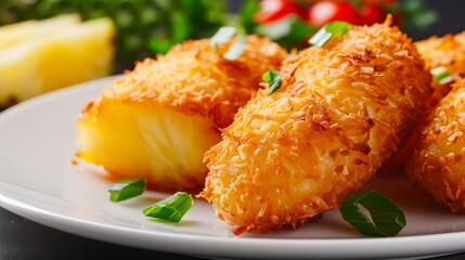 Delicious fried pineapple in coconut crust, tropical dessert, close-up shot, golden and crispy, enticing treat