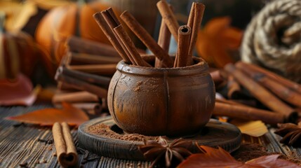 Cinnamon Diffuser in Rustic Wooden Container Amidst Autumn Leaves for Cozy Home Decor