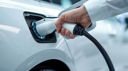 Detailed shot of hand inserting electric car charger into the port, crisp textures on the plug and car, focus on clean energy transition, sleek modern vehicle
