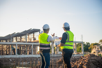 Two Architect man discussing about the building plan and see how the construction progressive at...