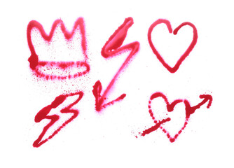 Different symbols made with red spray paint isolated on white, top view