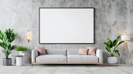 Elegant living room with a mockup poster frame on the wall, luxurious apartment, modern interior design with chic furniture, soft lighting, and stylish decor, 3D render