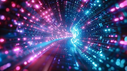 Naklejka premium Digital landscape with Abstract teal and pink lights. Neon speed. Motion in a tunnel at light speed. 