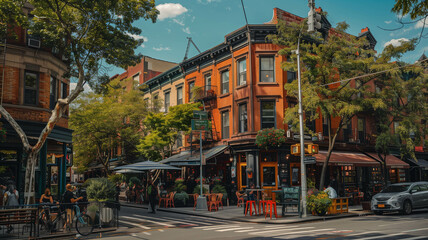 Fototapeta premium A bustling street corner adorned with charming townhouses, capturing the vibrant energy of city life in a residential neighborhood